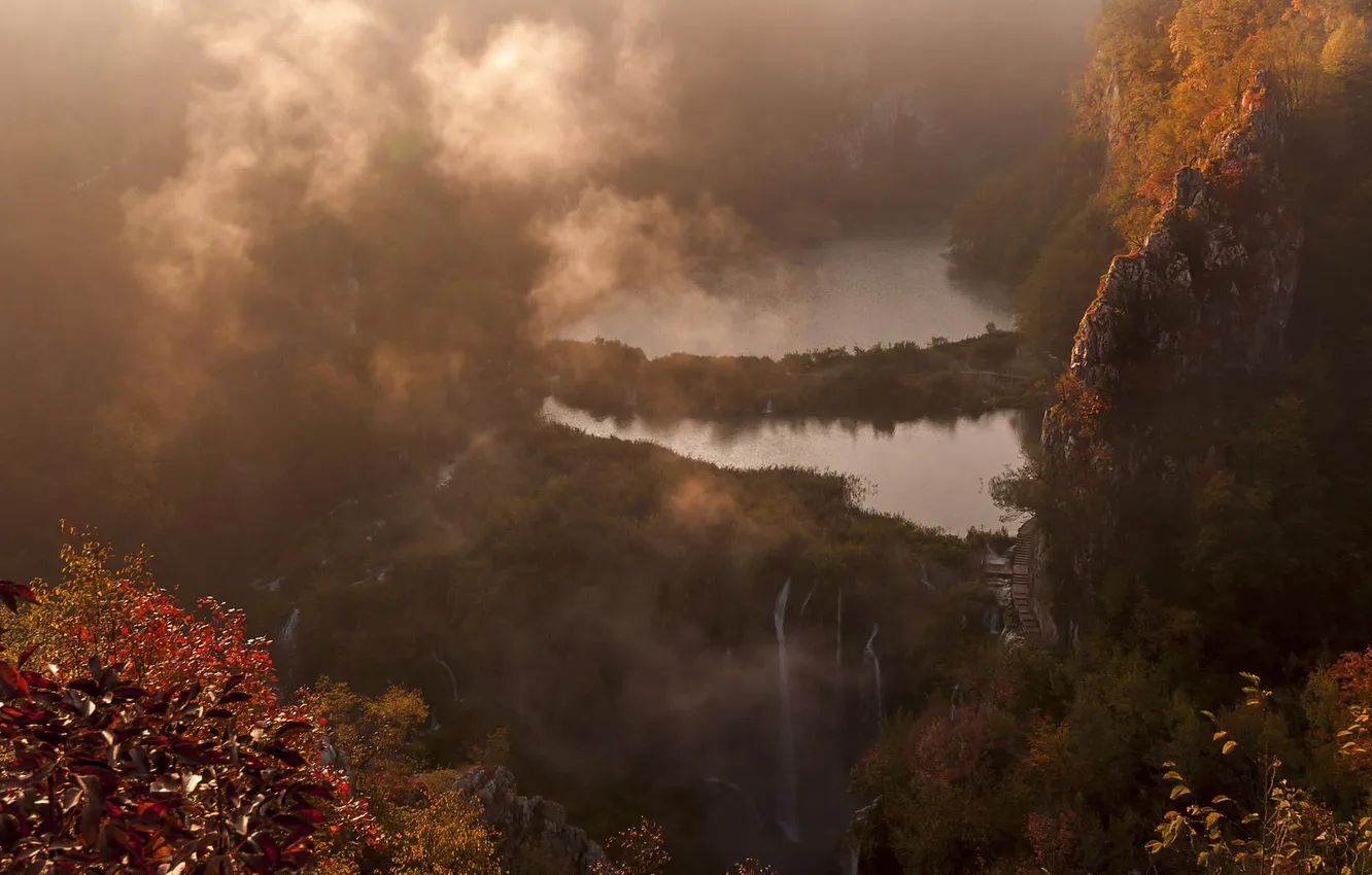 Фото обои осень, природа, река, скалы, водопад
