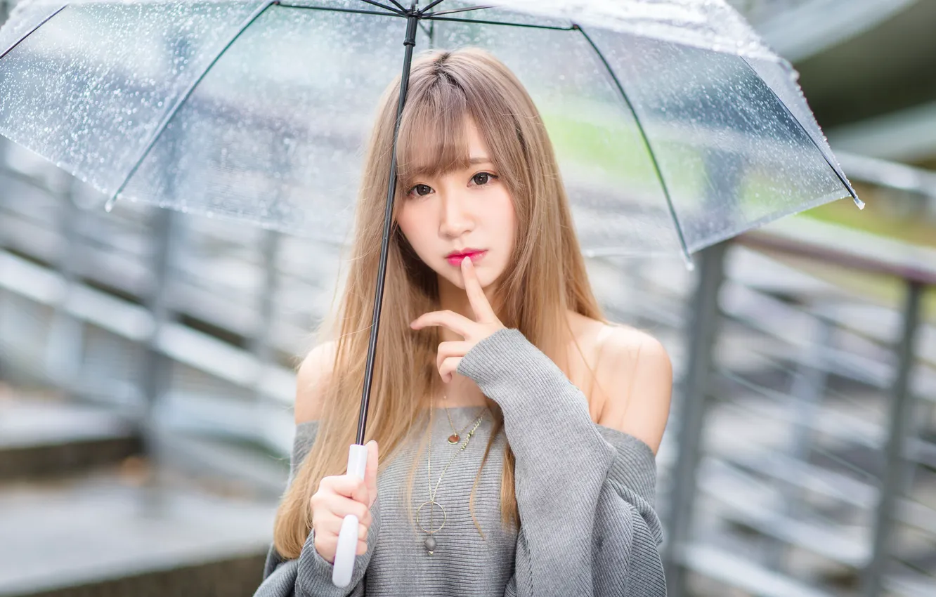 Фото обои девушка, зонтик, дождь, волосы, азиатка