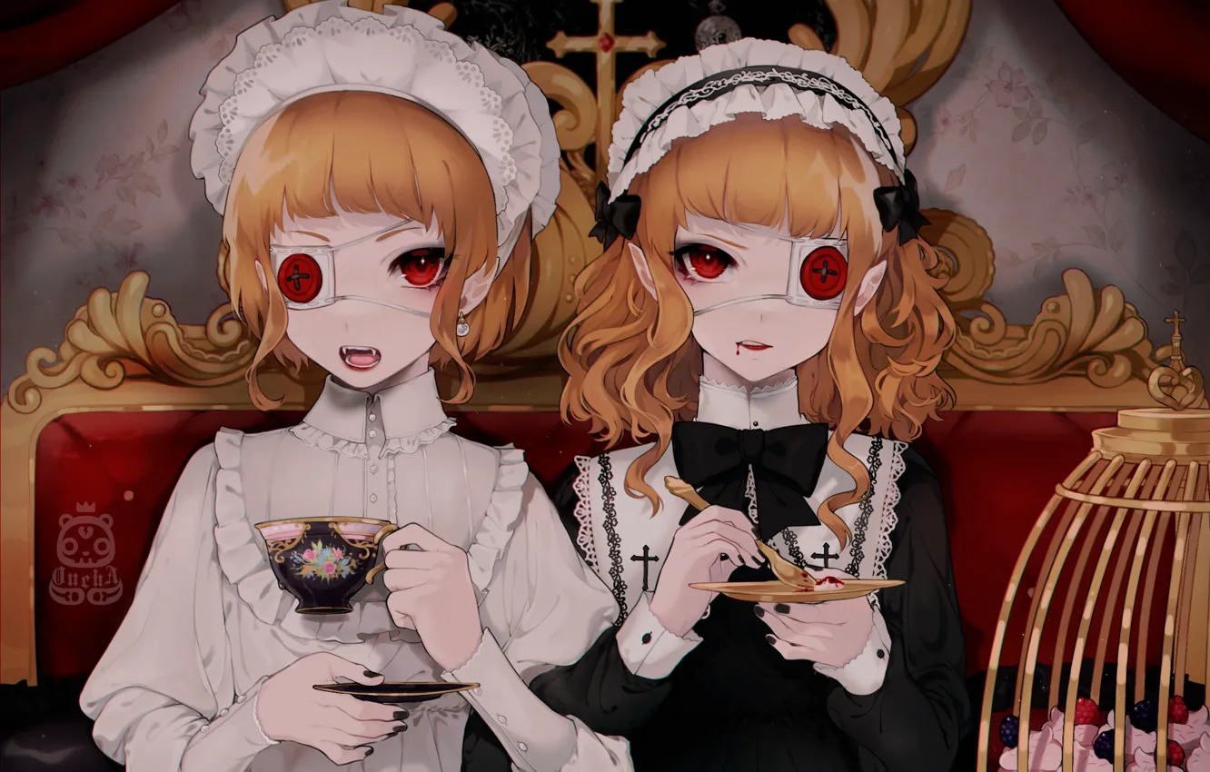 Фото обои девушки, кровь, чаепитие, сладости, повязка, вампирши