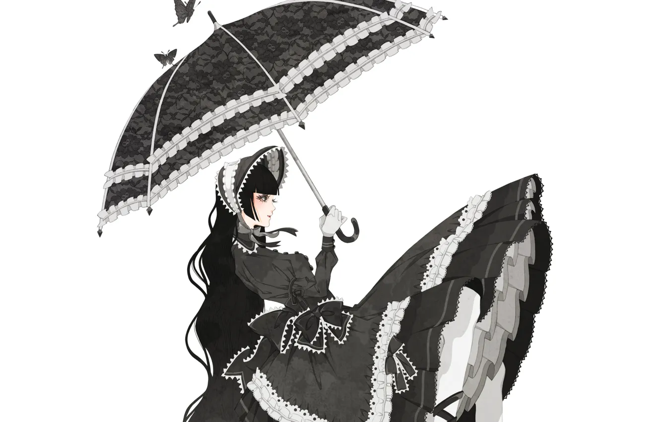 Фото обои девушка, бабочки, зонт, банты, пышное платье, Gothic Lolita, готическая лолита