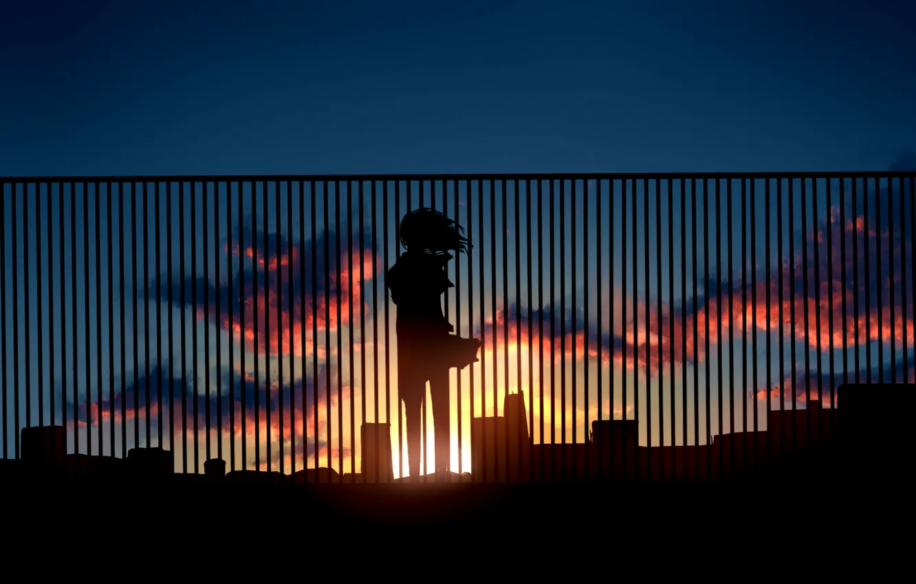 Фото обои небо, девушка, солнце, облака, закат, забор, дома, аниме