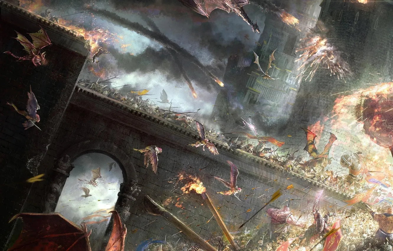 Фото обои мост, оружие, замок, драконы, арт, битва