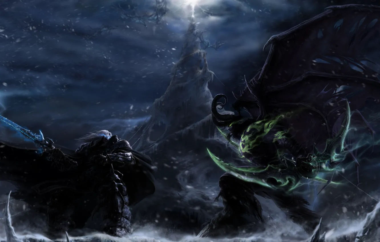 Фото обои Lich King, fight, Frostmourne, Warcraft III 3 Frozen Throne, Blades of Azzinoth, Illidan vs. Arthas, …