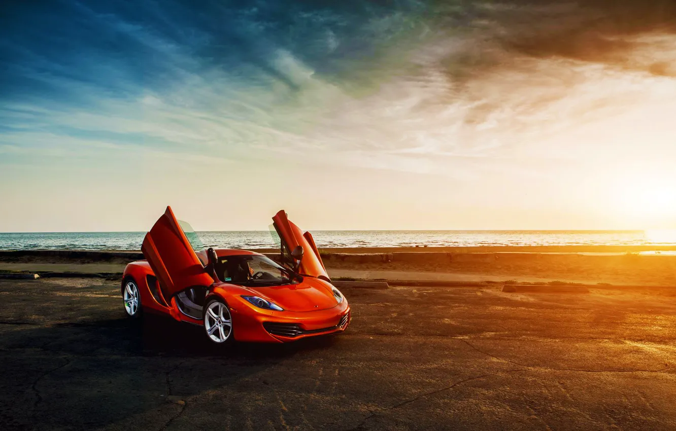 Фото обои McLaren, Orange, Sky, Front, Sunset, MP4-12C, Beauty, Sea