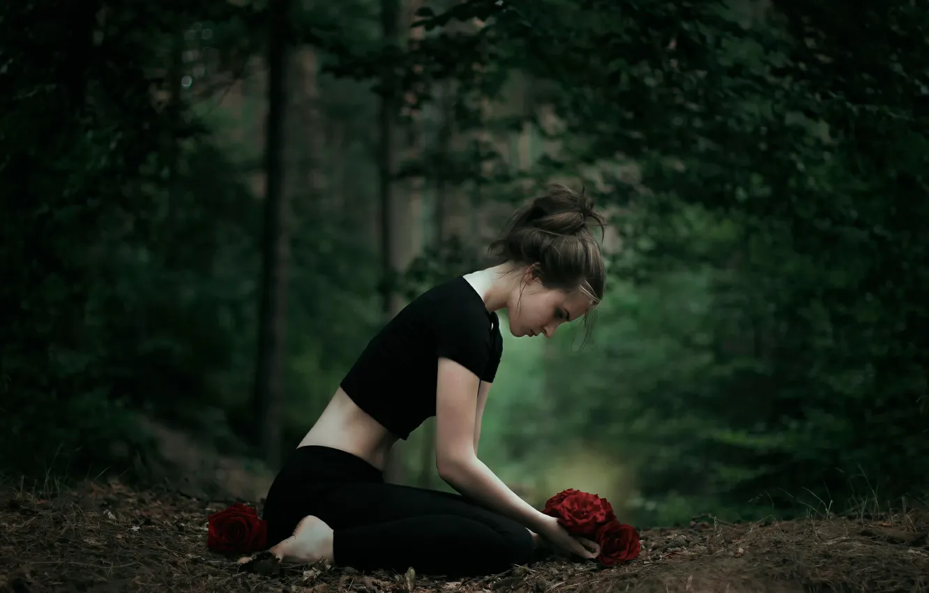 Фото обои лес, девушка, розы, бутоны, Vicki, The Gift
