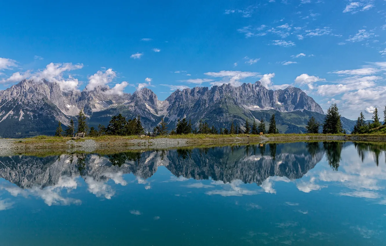 Фото обои горы, озеро, отражение, Австрия, Austria, Kaiser Mountains, Кайзеровские горы, Astbergsee