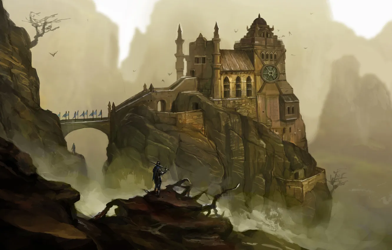 Фото обои мост, замок, скалы, человек, меч, арт, крепость, dunechampion