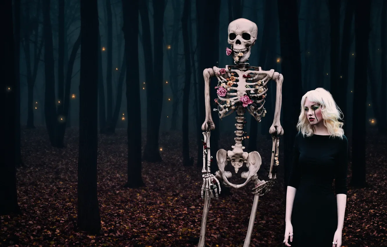 Фото обои лес, девушка, ситуация, скелет