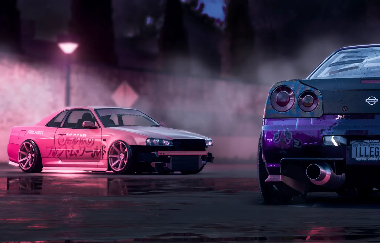 Фото обои Pink, Nissan, Drift, Car, Purple, Skyline, R34