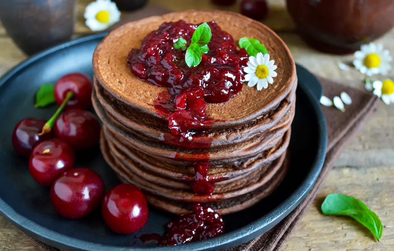 Фото обои вишня, ягоды, ромашка, блины, выпечка, сладкое, sweet, cherry