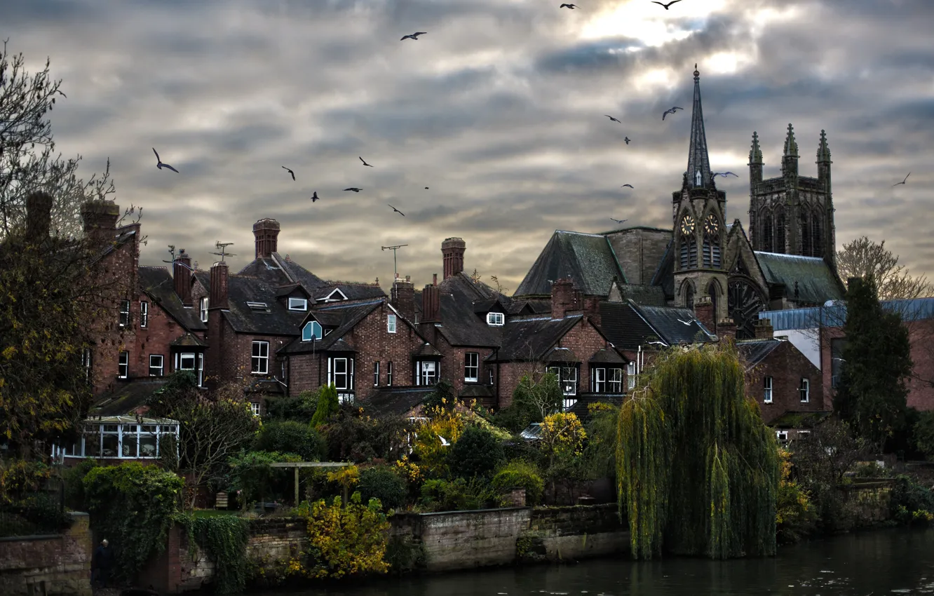 Фото обои город, река, Англия, дома, церковь, курорт, Уорикшир, Лимингтон