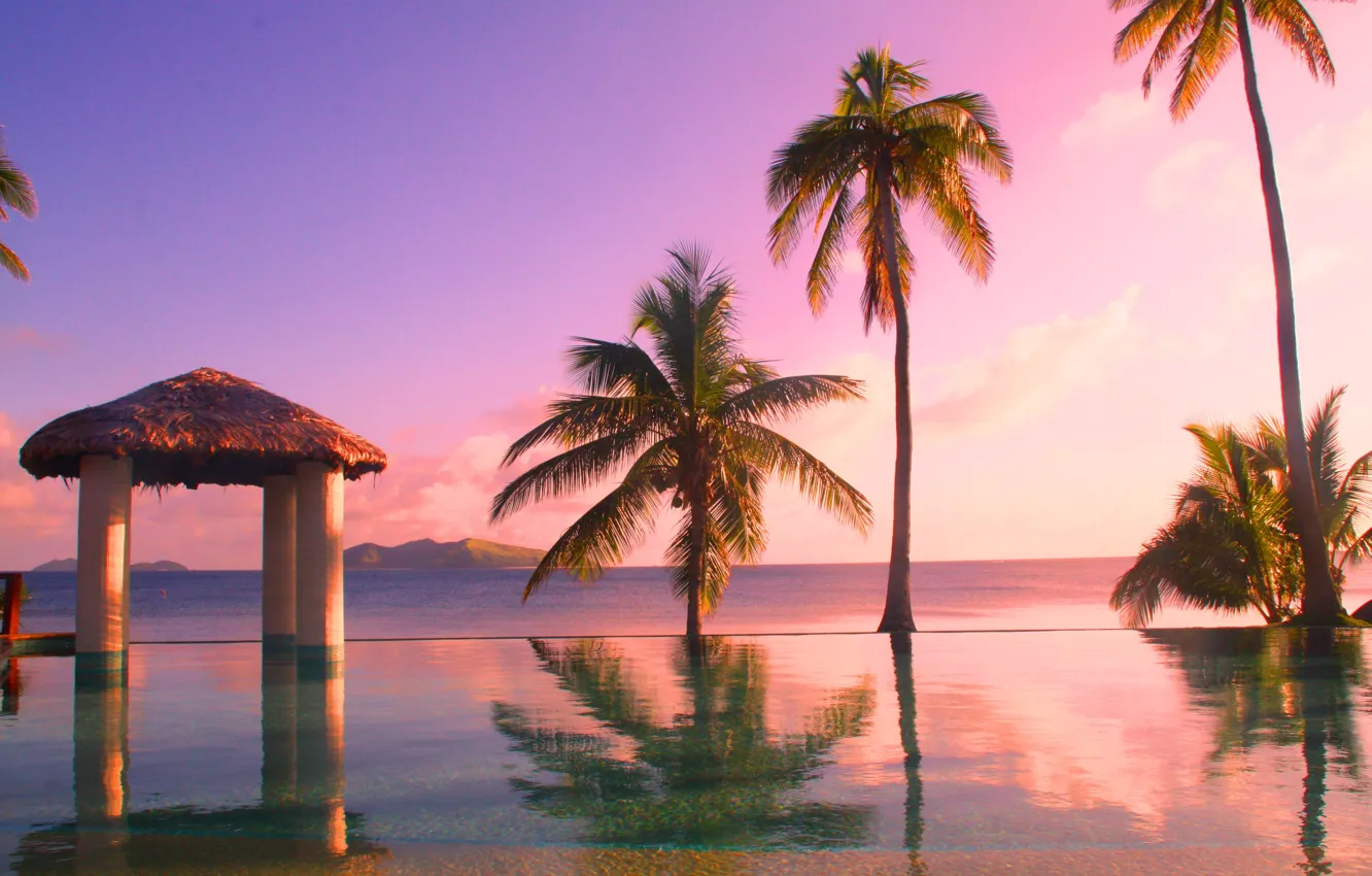 Фото обои пейзаж, закат, пальмы, океан, вечер, бассейн, жкзотика