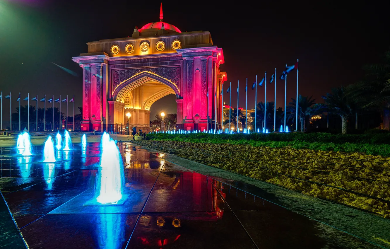 Фото обои ночь, огни, фонтан, отель, ОАЭ, Абу-Даби, Emirates Palace