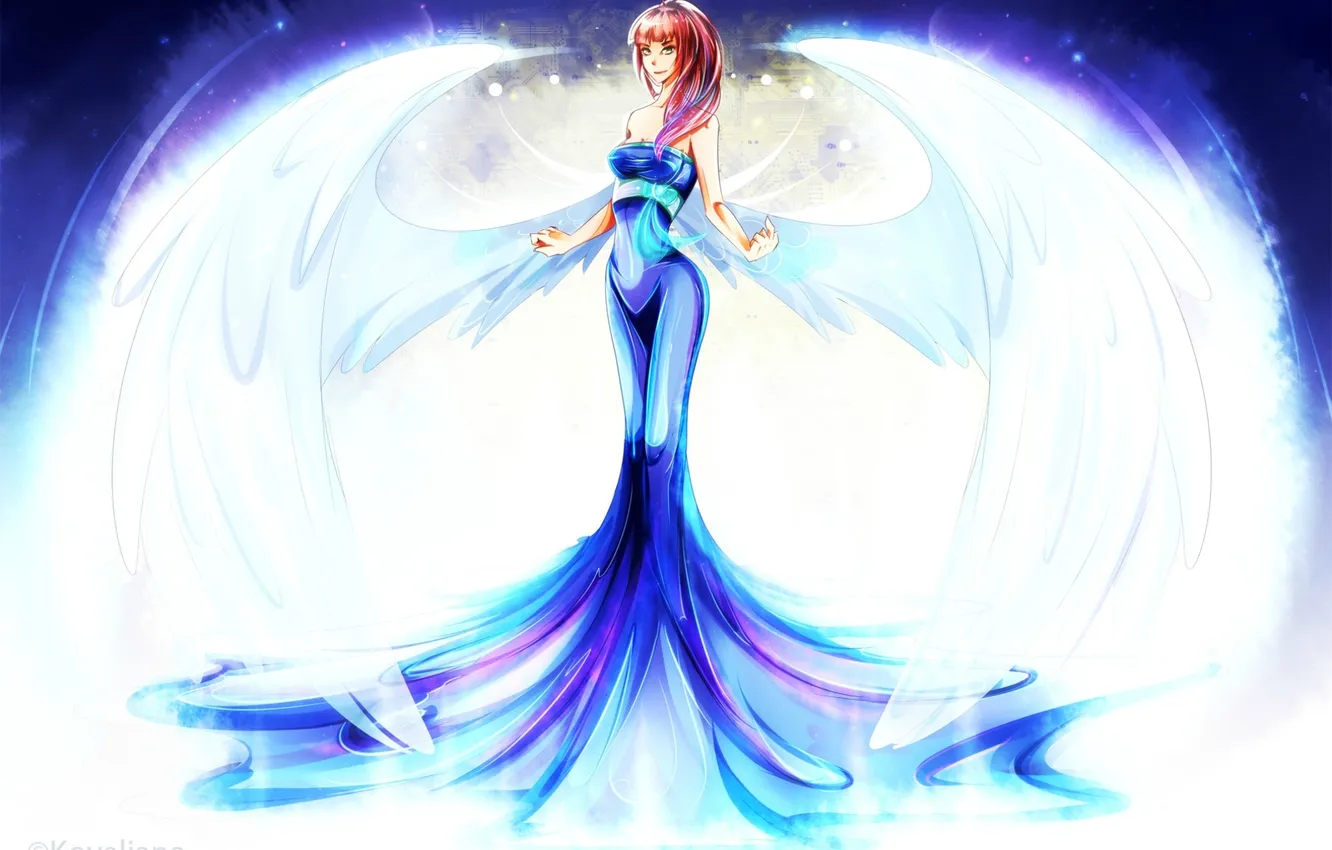 Фото обои крылья, синее платье. свет, аниме. девушка. ангел