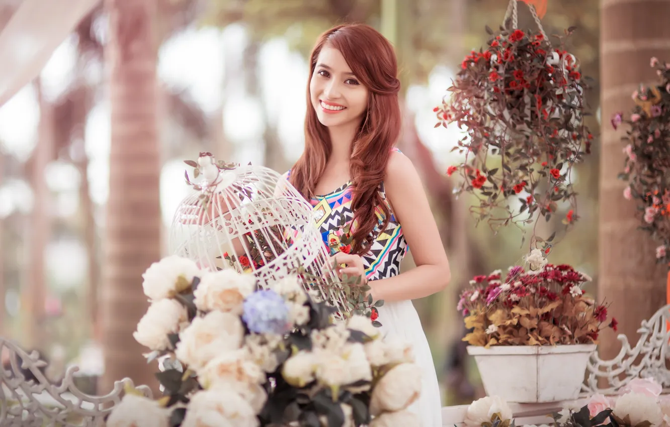 Фото обои девушка, цветы, настроение, азиатка