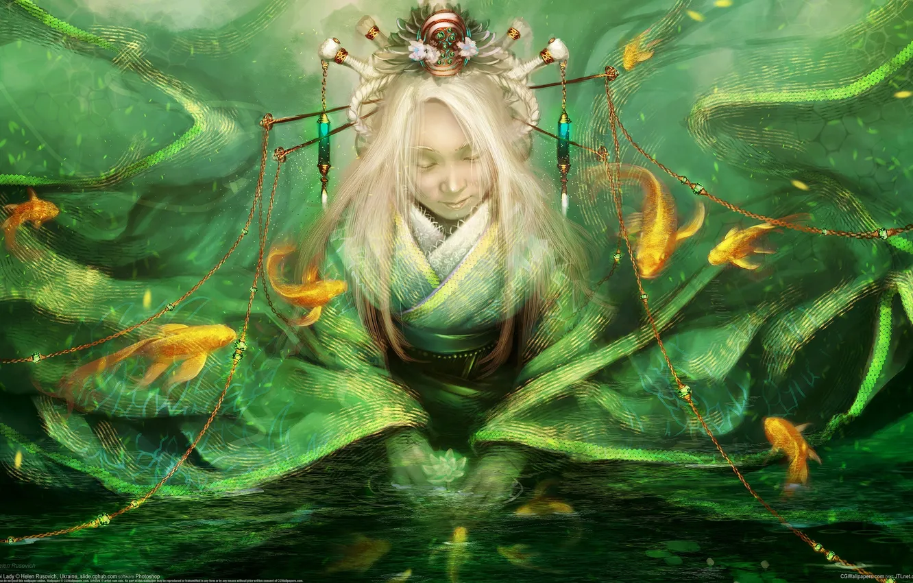 Фото обои green, woman, blonde, oriental clothing