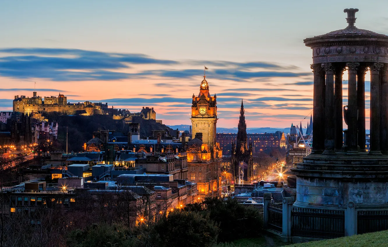 Фото обои закат, город, вечер, Шотландия, панорама, Scotland, Эдинбург, Edinburgh