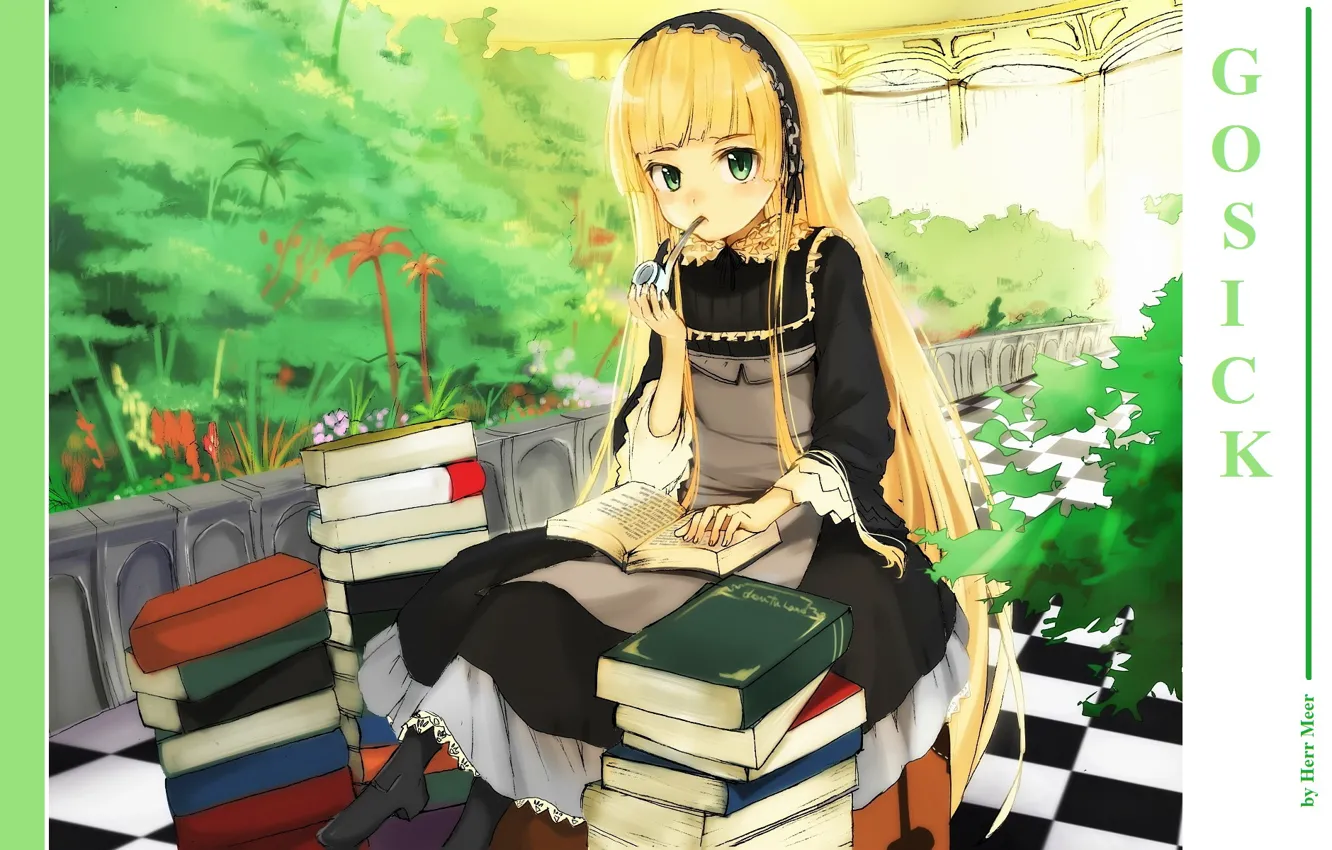 Фото обои книги, растения, черное платье, фартук, оранжерея, gosick, шахматный пол, капор