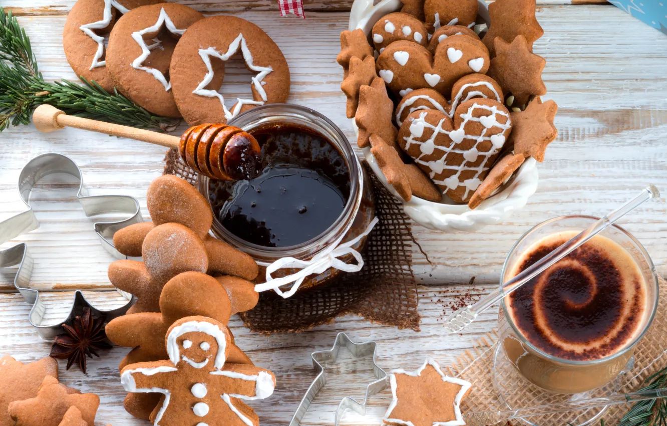 Фото обои зима, еда, шоколад, человечки, печенье, напиток, звездочки, фигурки