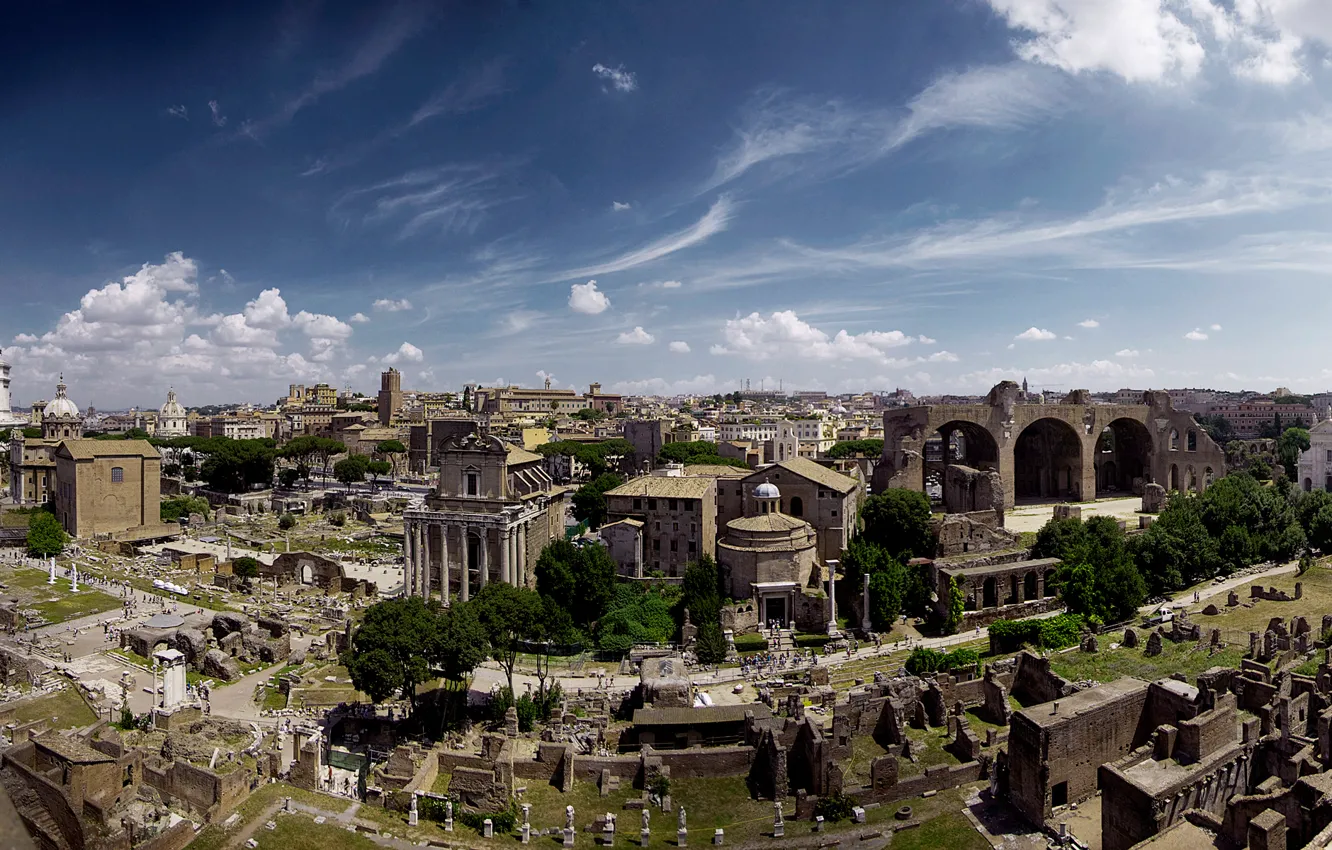 Фото обои пейзаж, Рим, Италия, панорама, развалины, руины, Форум