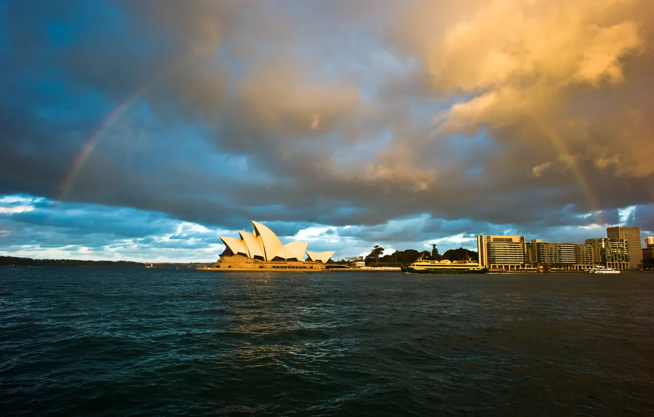 Фото обои небо, вода, тучи, город, радуга, Австралия, театр, Сидней