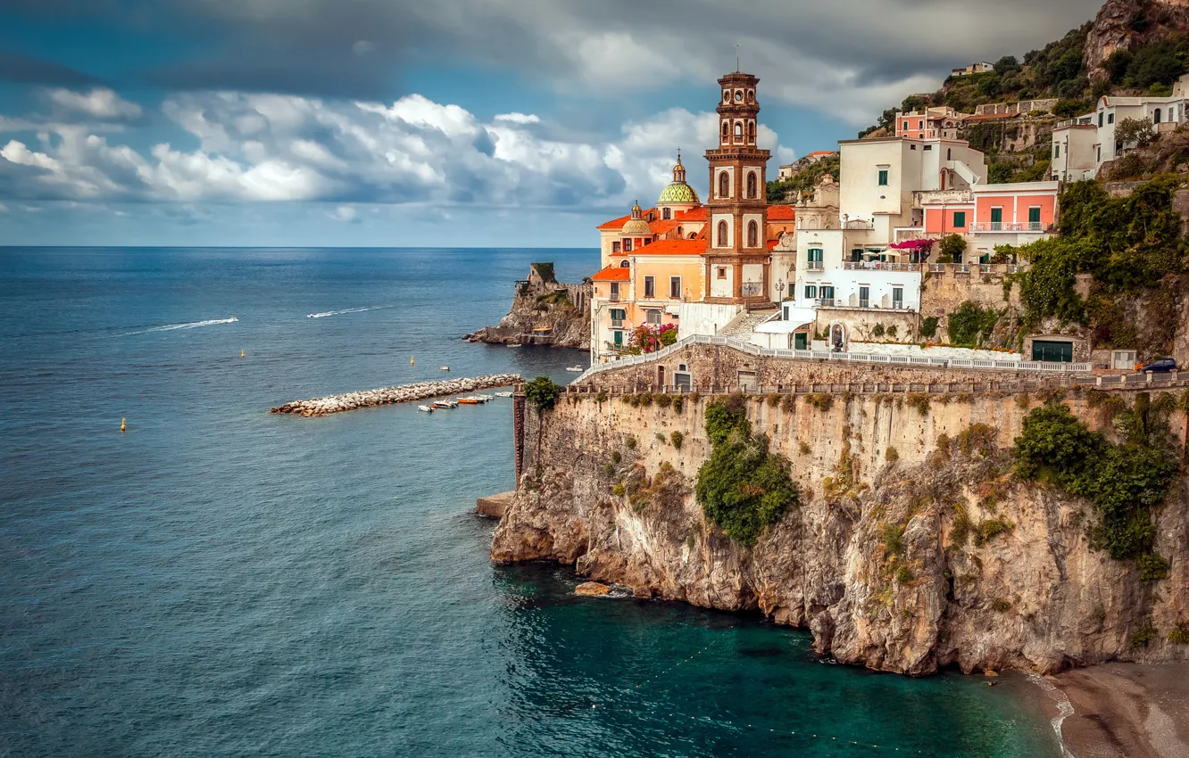 Фото обои море, скала, побережье, здания, дома, Италия, Italy, Campania