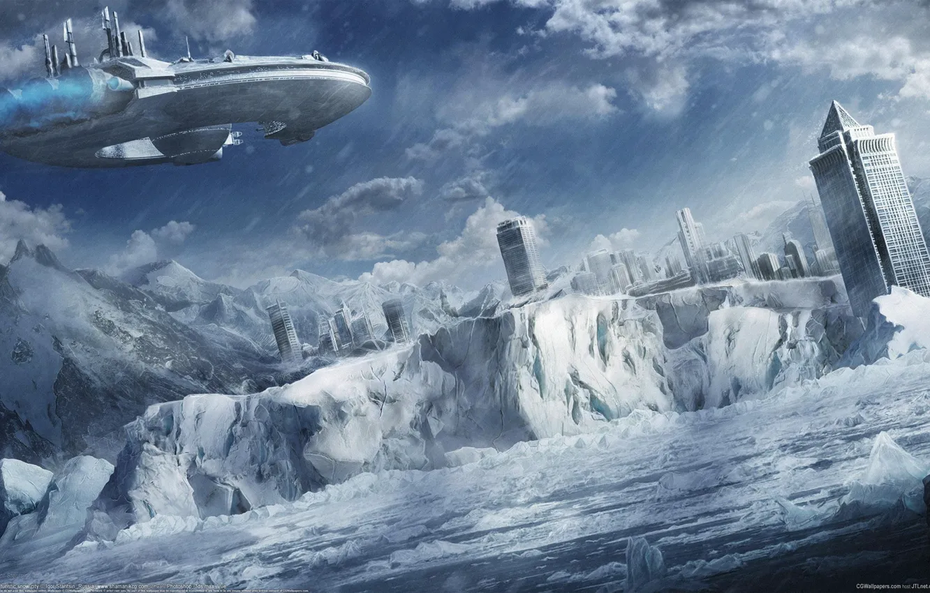 Фото обои зима, море, снег, горы, город, корабль, арт, льдины