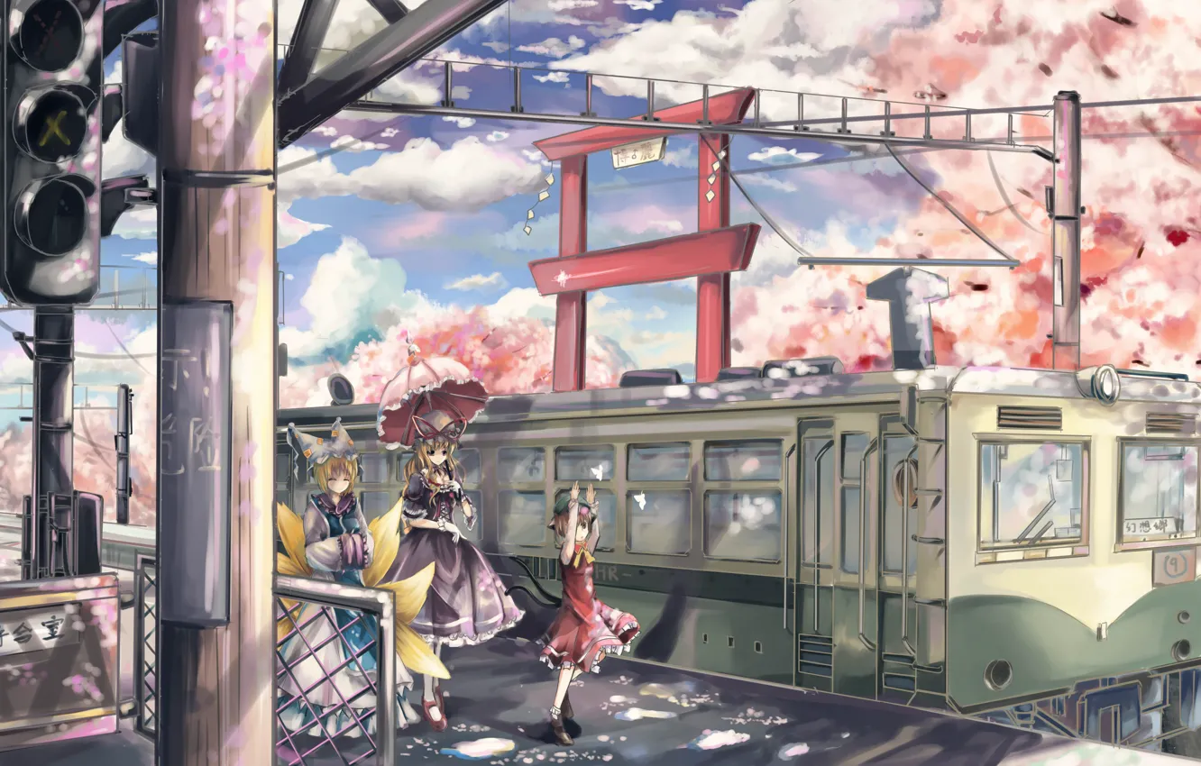 Фото обои радость, девушки, настроение, поезд, сакура, перрон, art, Touhou