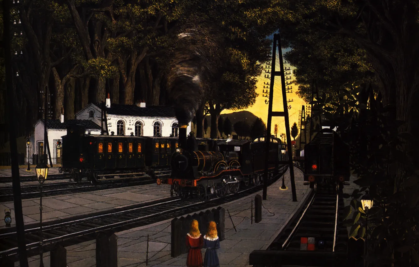Фото обои деревья, люди, дым, рисунок, рельсы, вокзал, картина, станция
