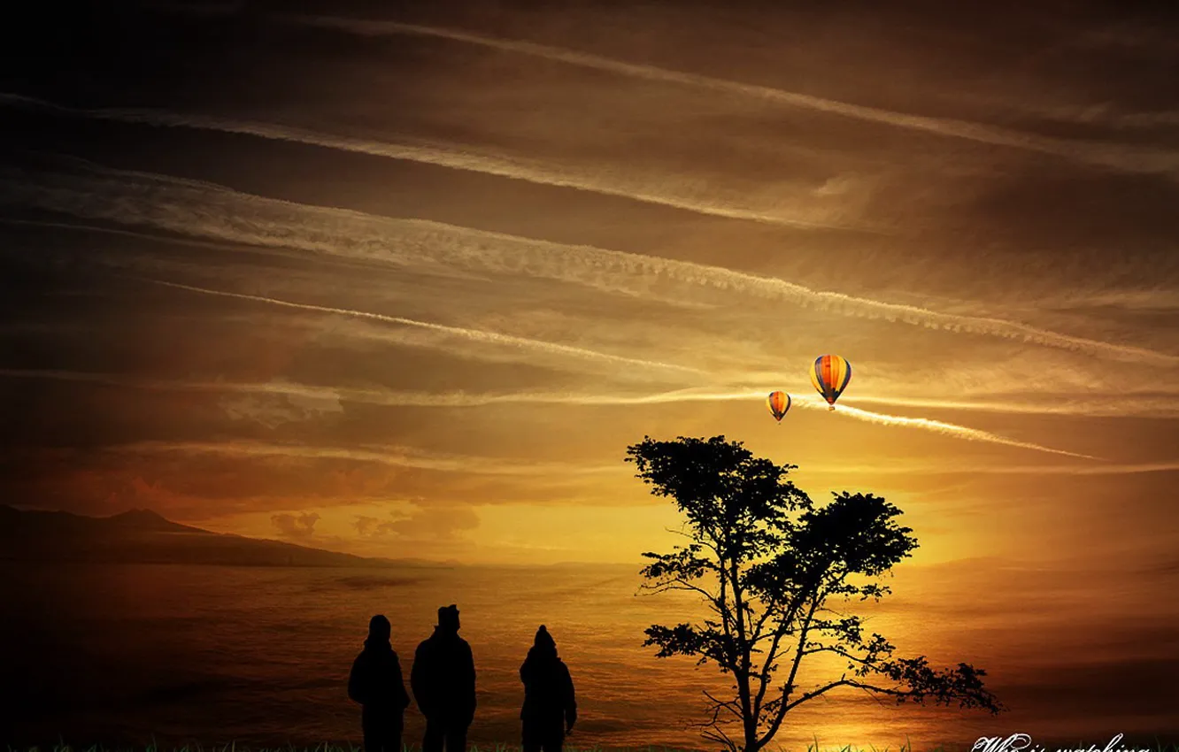 Фото обои облака, дерево, шары, Люди
