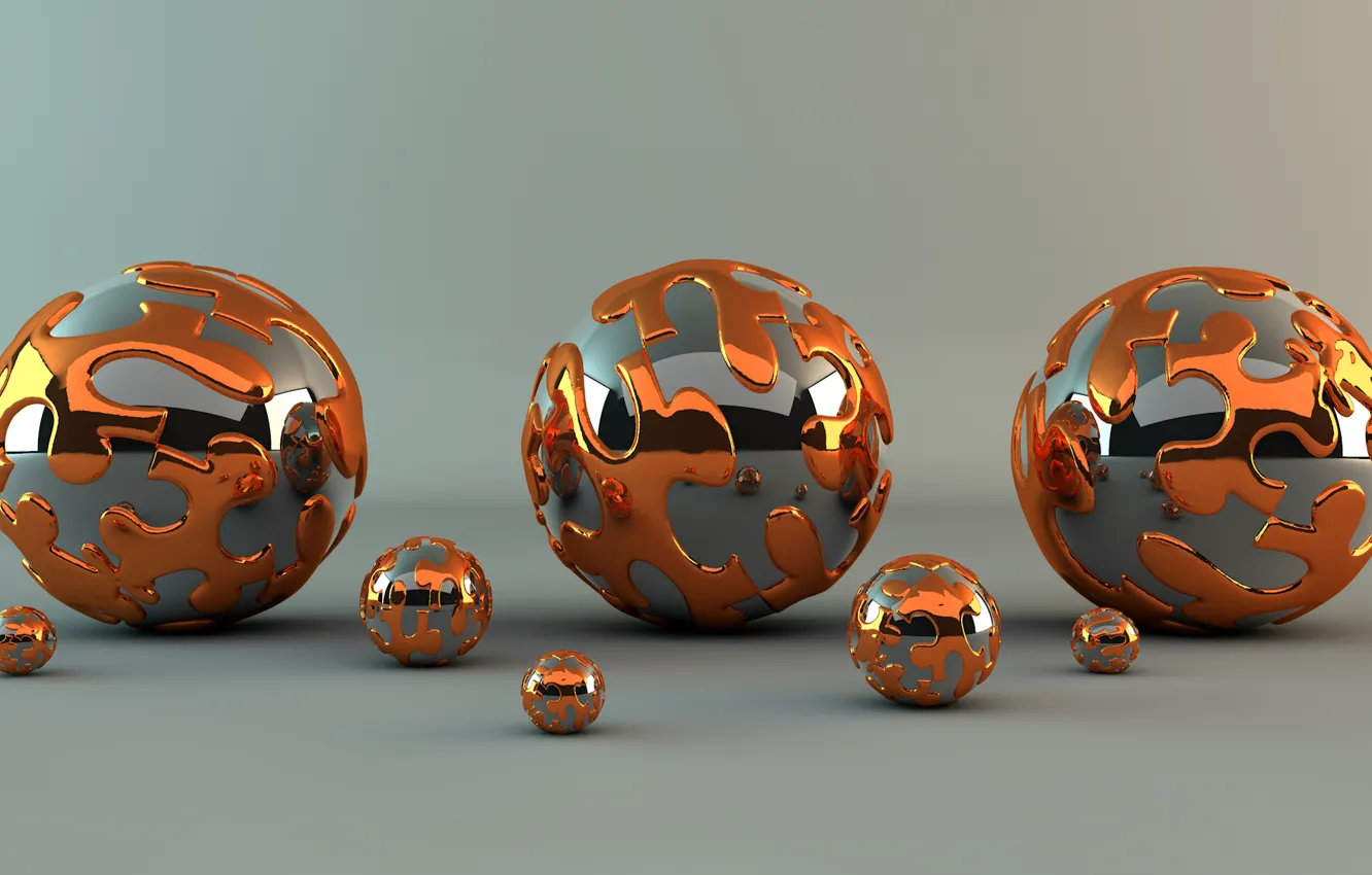 Фото обои металл, абстракция, отражение, узор, блеск, шар, шарик