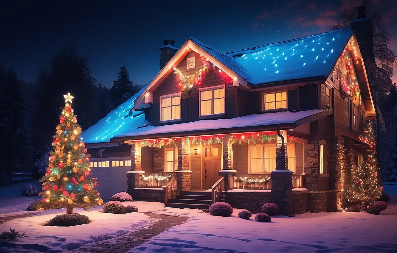 Фото обои снег, украшения, ночь, lights, дом, елка, colorful, Рождество