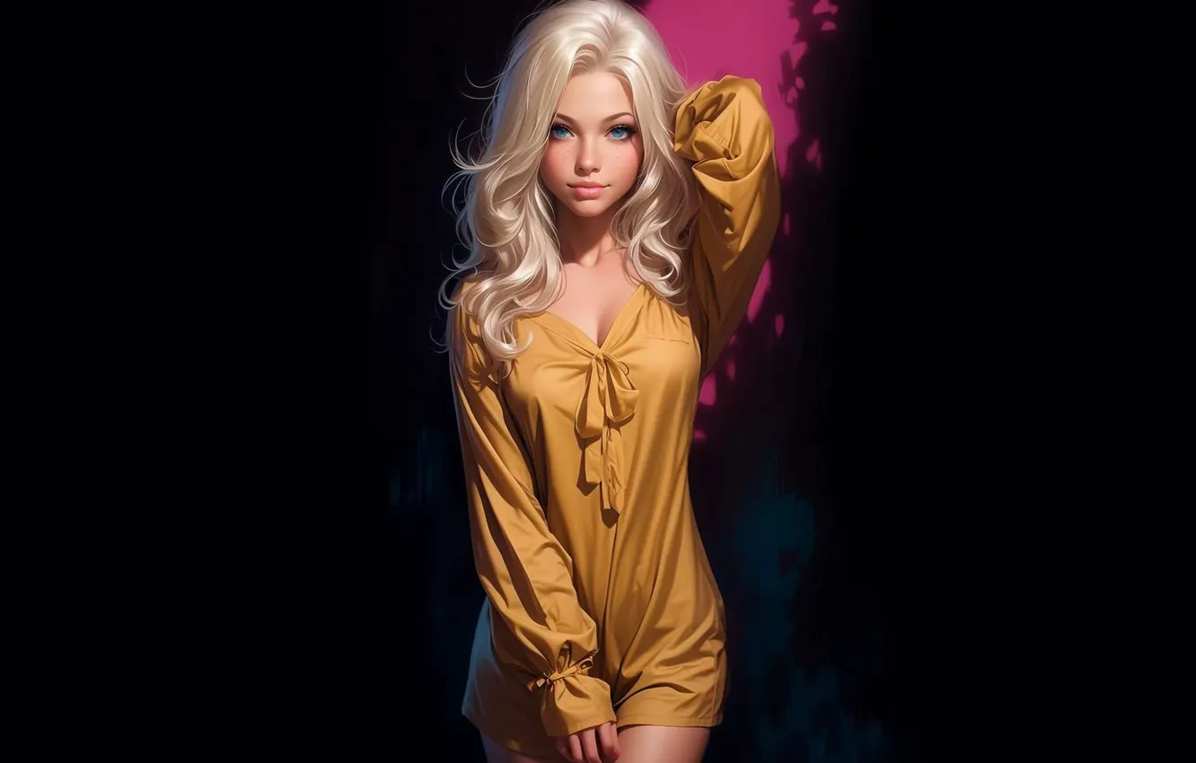 Фото обои девушка, blue eyes, blonde, yellow dress, anime girls, freckles, minidress, AI Art