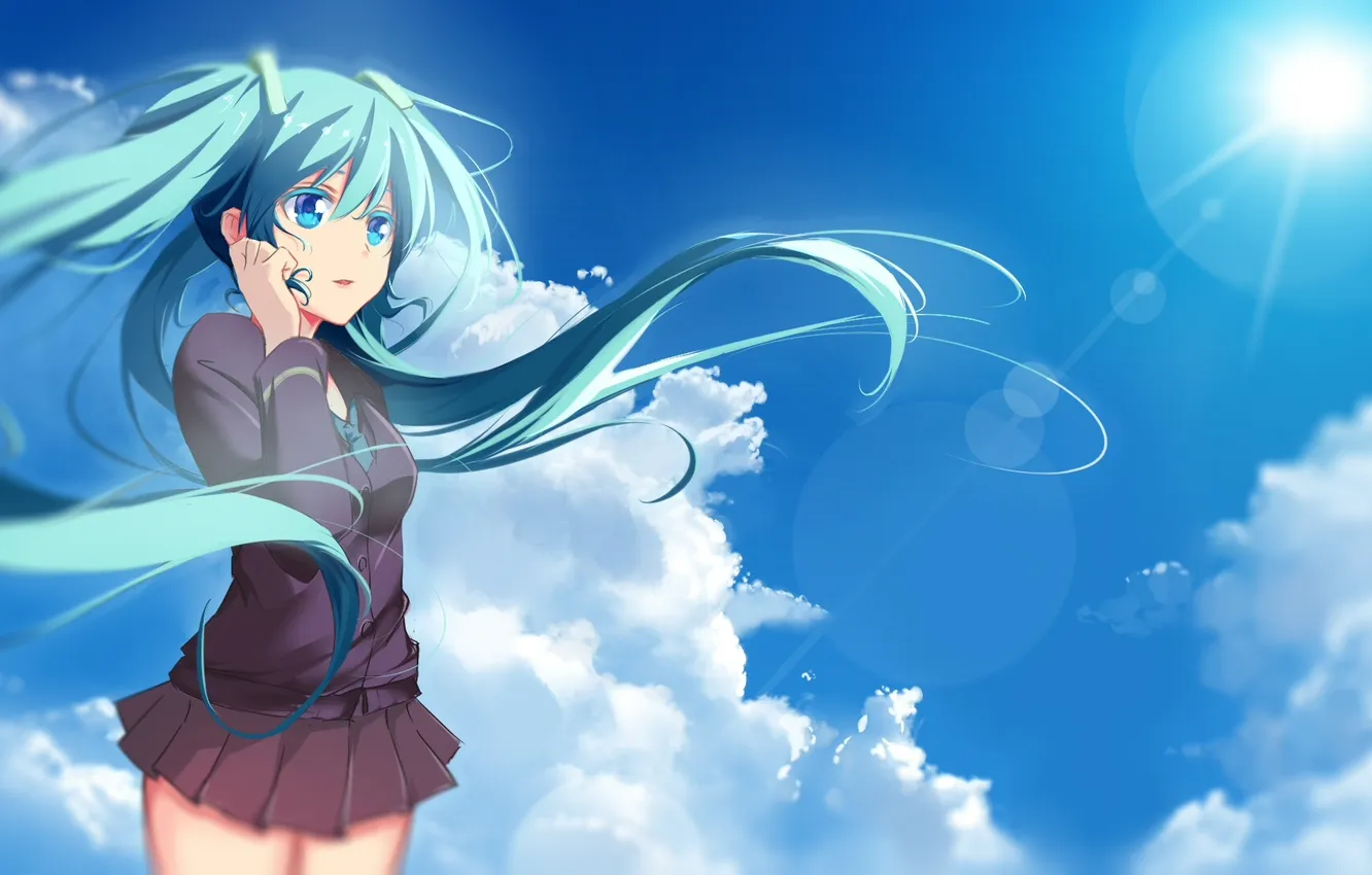 Фото обои небо, девушка, солнце, облака, аниме, арт, vocaloid, hatsune miku