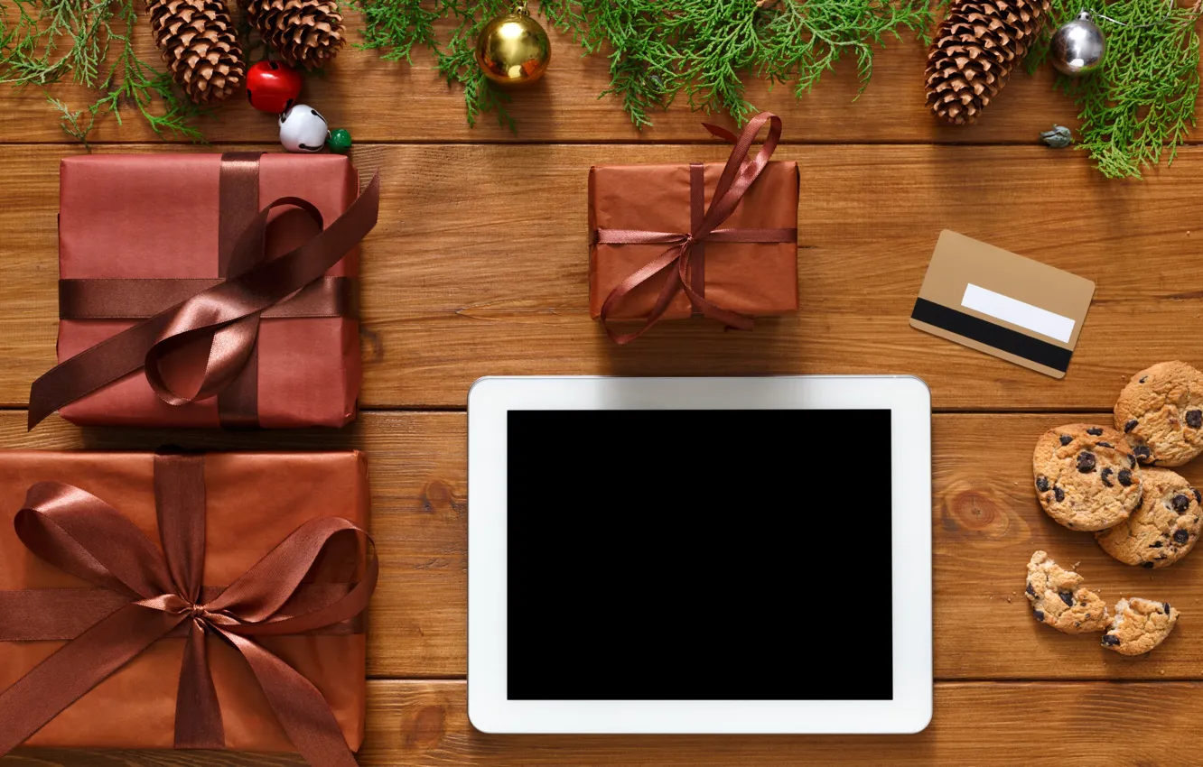 Фото обои украшения, шары, Новый Год, Рождество, подарки, happy, Christmas, планшет