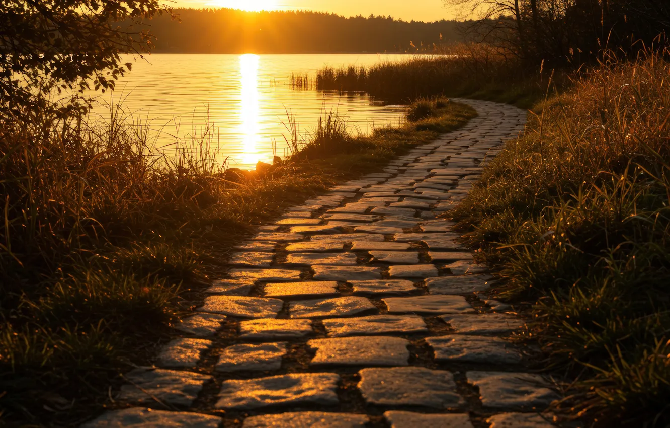 Фото обои трава, солнце, лучи, свет, закат, природа, берег, плитка