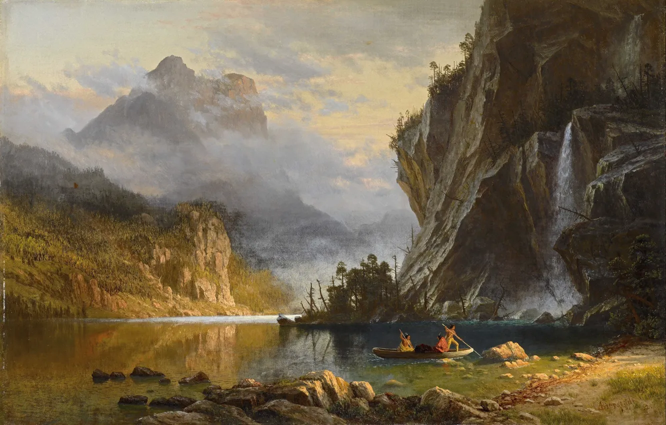 Фото обои пейзаж, природа, арт, Albert Bierstadt, Альберт Бирштадт, Indians Spear Fishing