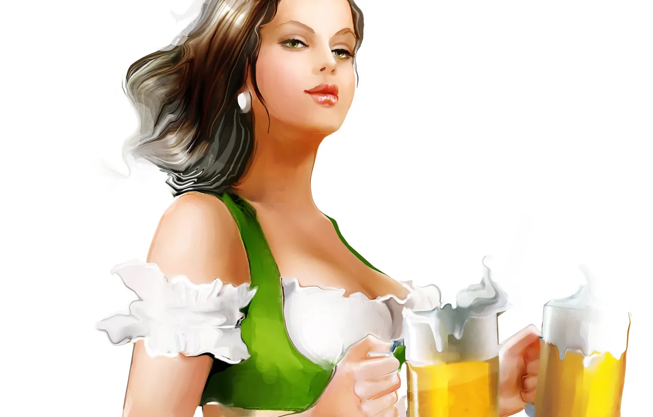 Фото обои взгляд, девушка, лицо, фон, пиво, кружки, живопись, Tatiana Nikitina