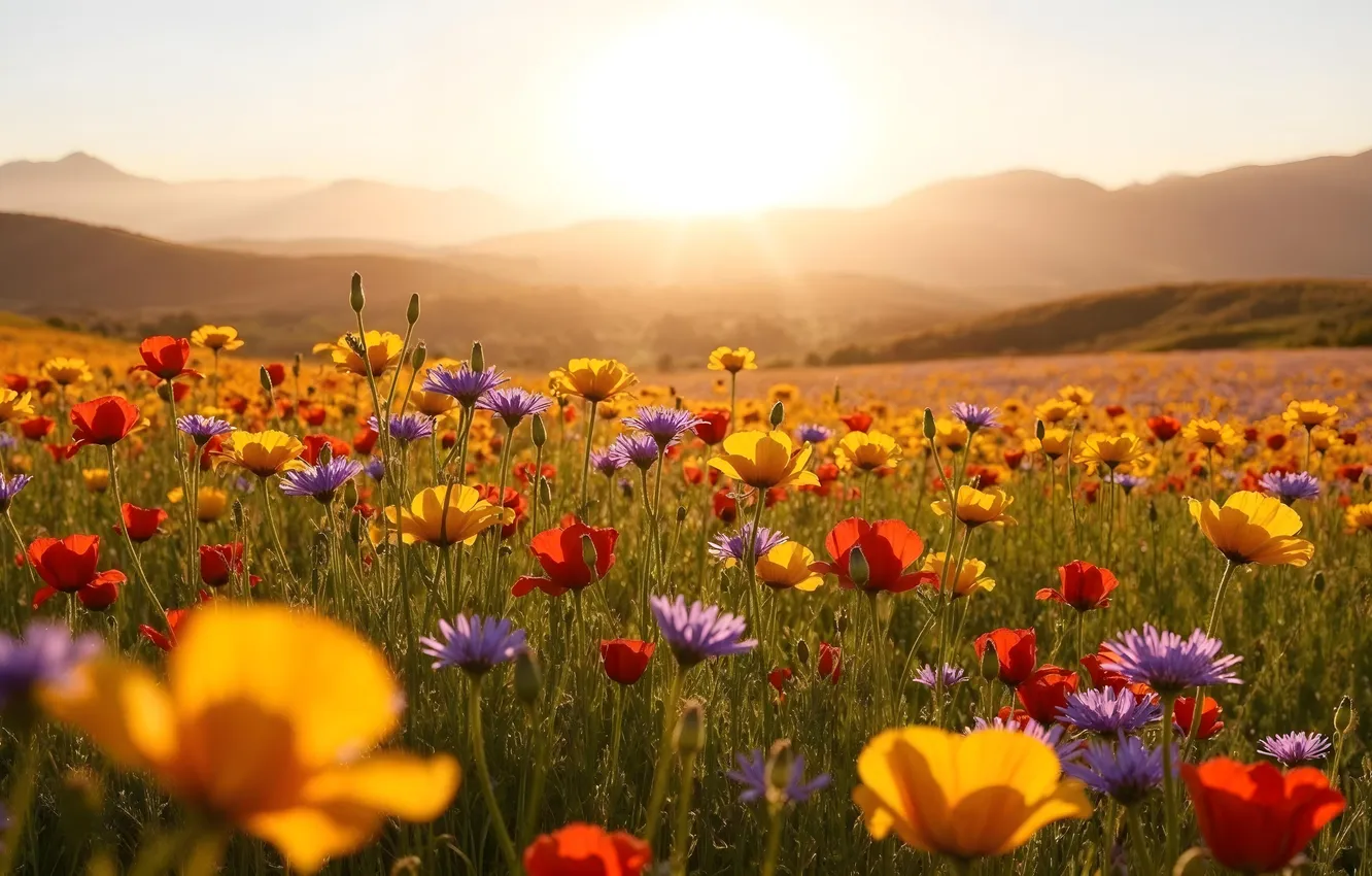 Фото обои цветы, горы, весна, colorful, луг, blossom, flowers, mountains