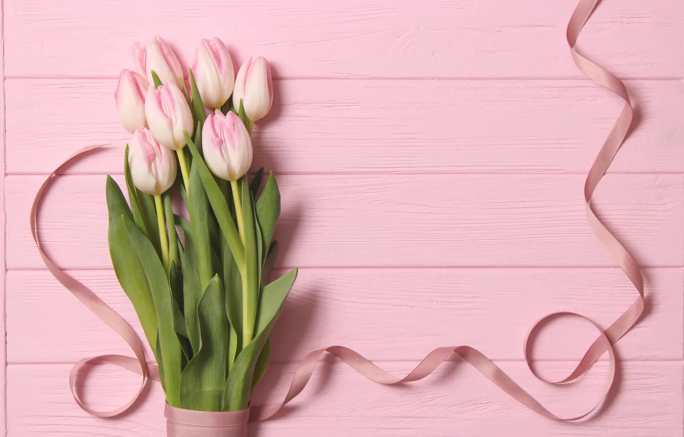 Фото обои цветы, подарок, букет, тюльпаны, розовые, wood, pink, flowers