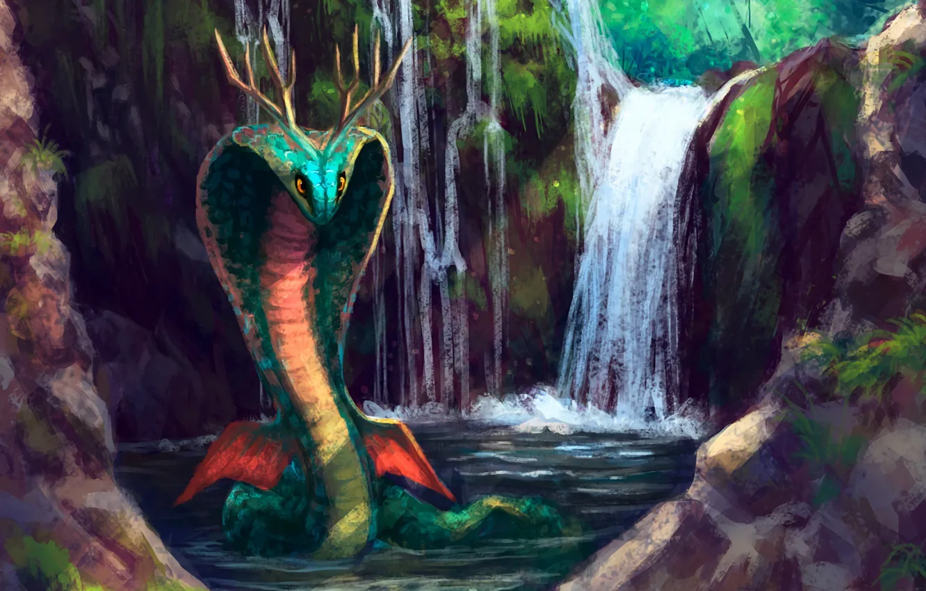 Фото обои водопад, существо, арт, змей, snake, art, waterfall, being