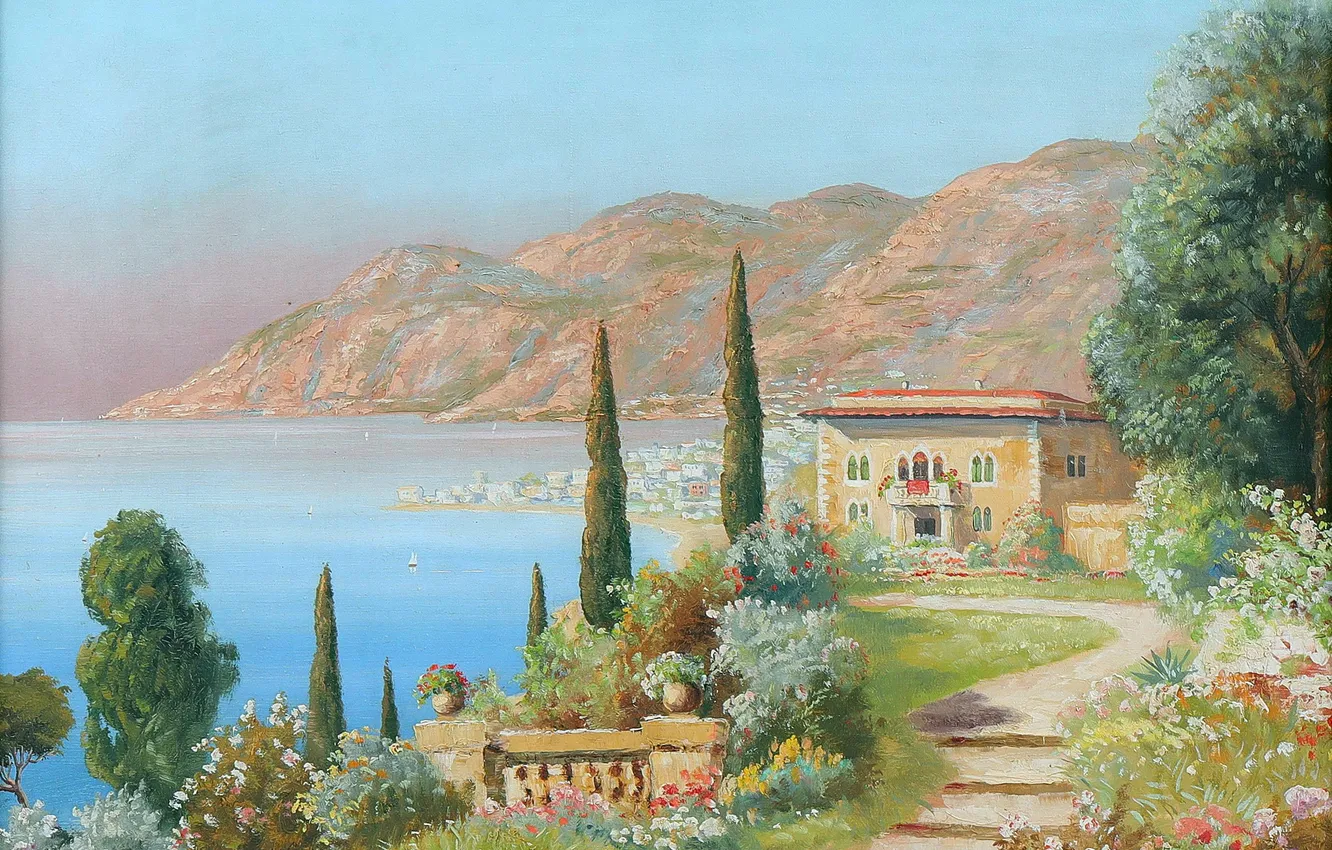 Фото обои Вода, Дома, Деревья, Гора, Картина, Alois Arnegger, Алоис Арнеггер, Австрийский живописец