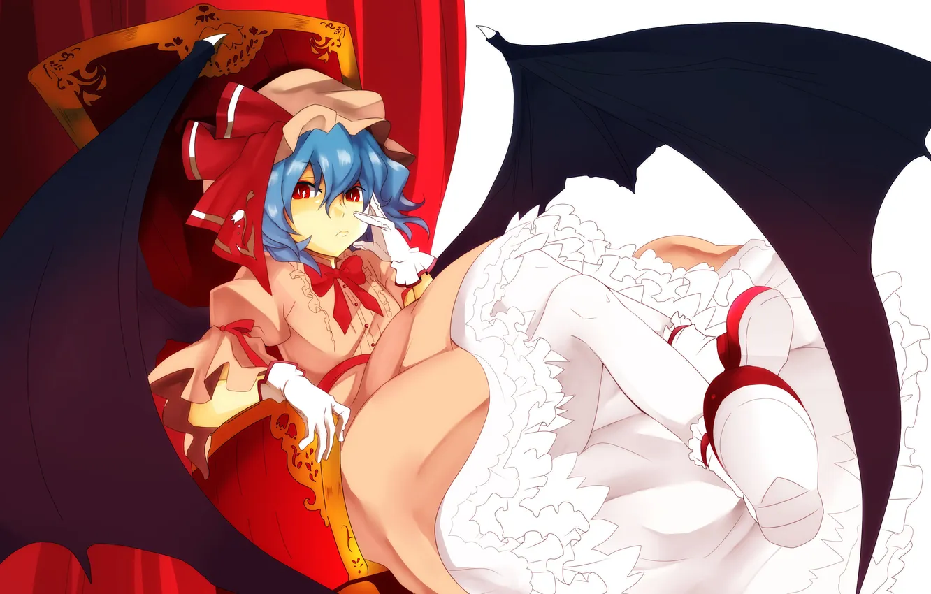 Фото обои девушка, крылья, арт, чепчик, touhou, remilia scarlet, сидя, fumiko