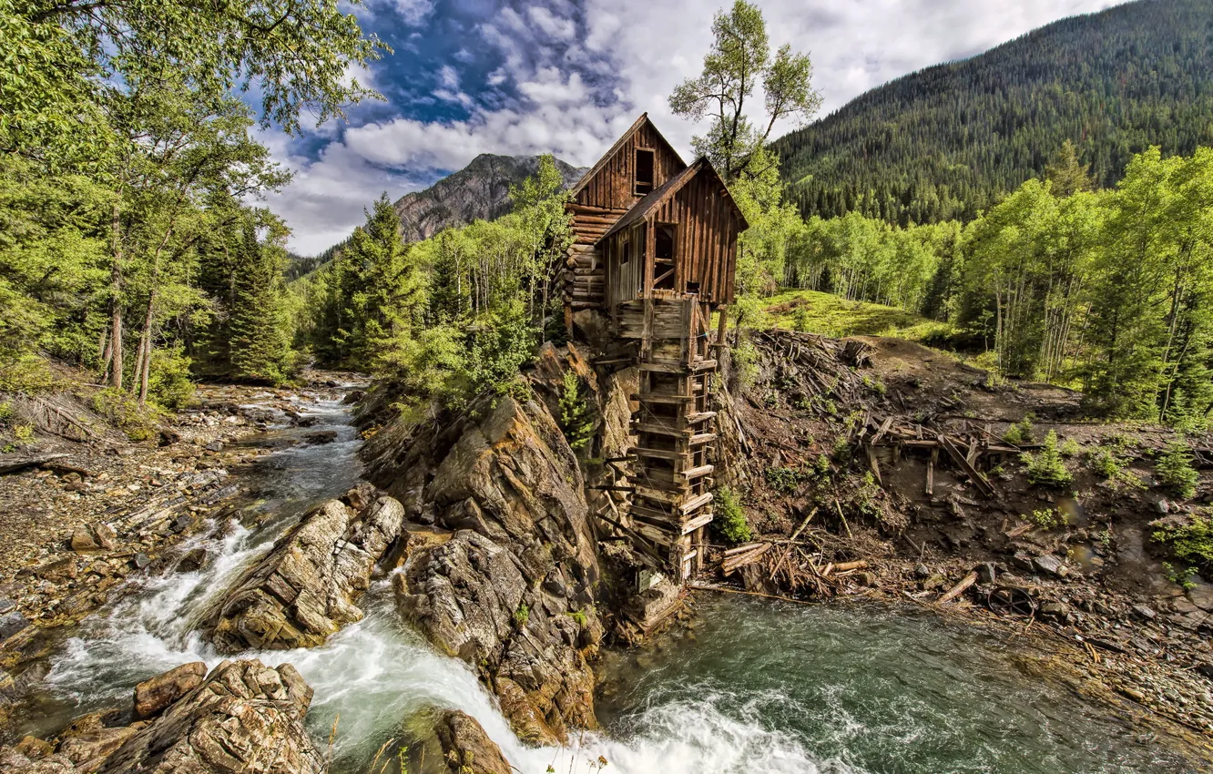 Фото обои water, mountain, waterfall, stream, Crystal Mill, Marble