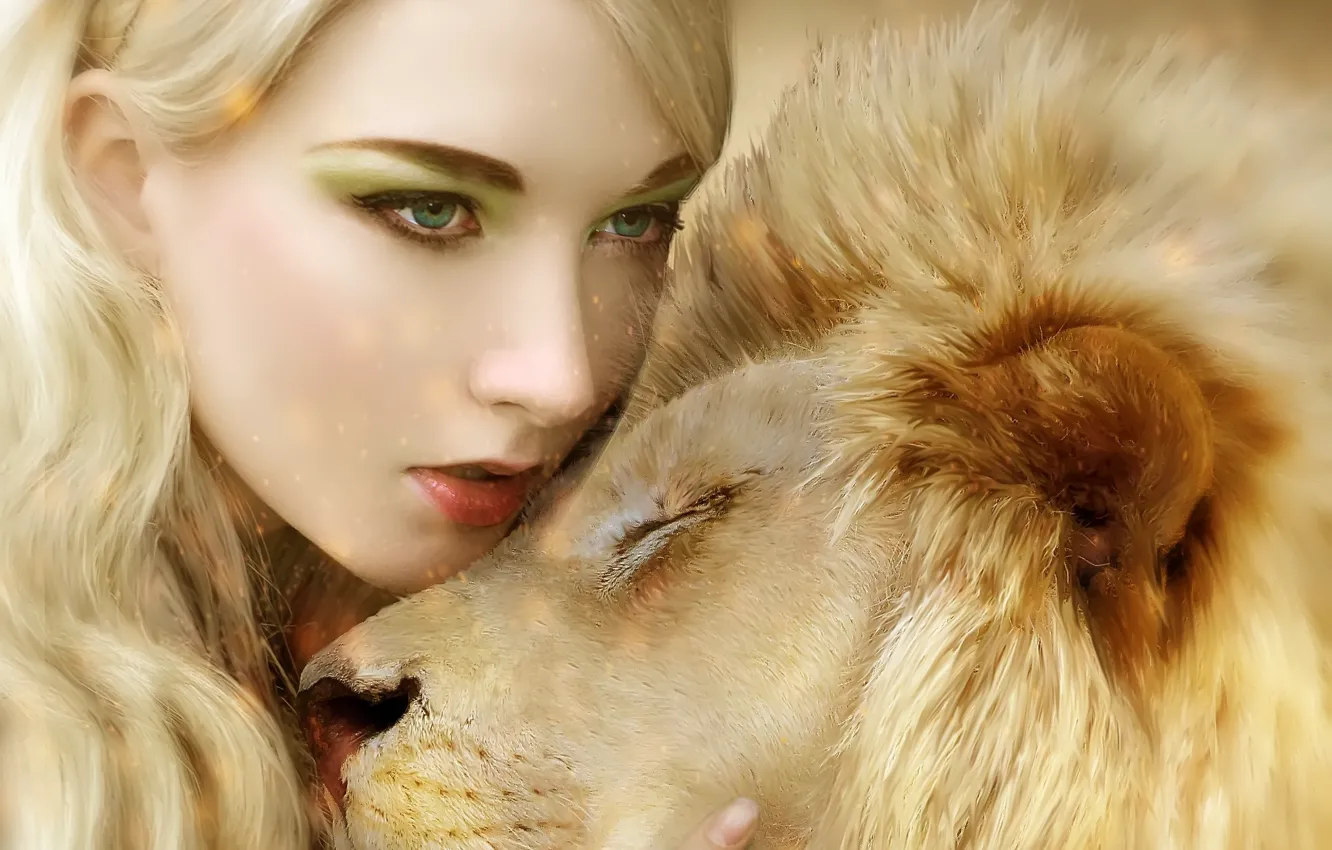 Фото обои кошка, девушка, хищник, лев, объятия, грива