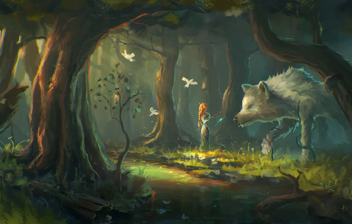 Фото обои лес, девушка, деревья, птицы, фантазия, волк, арт