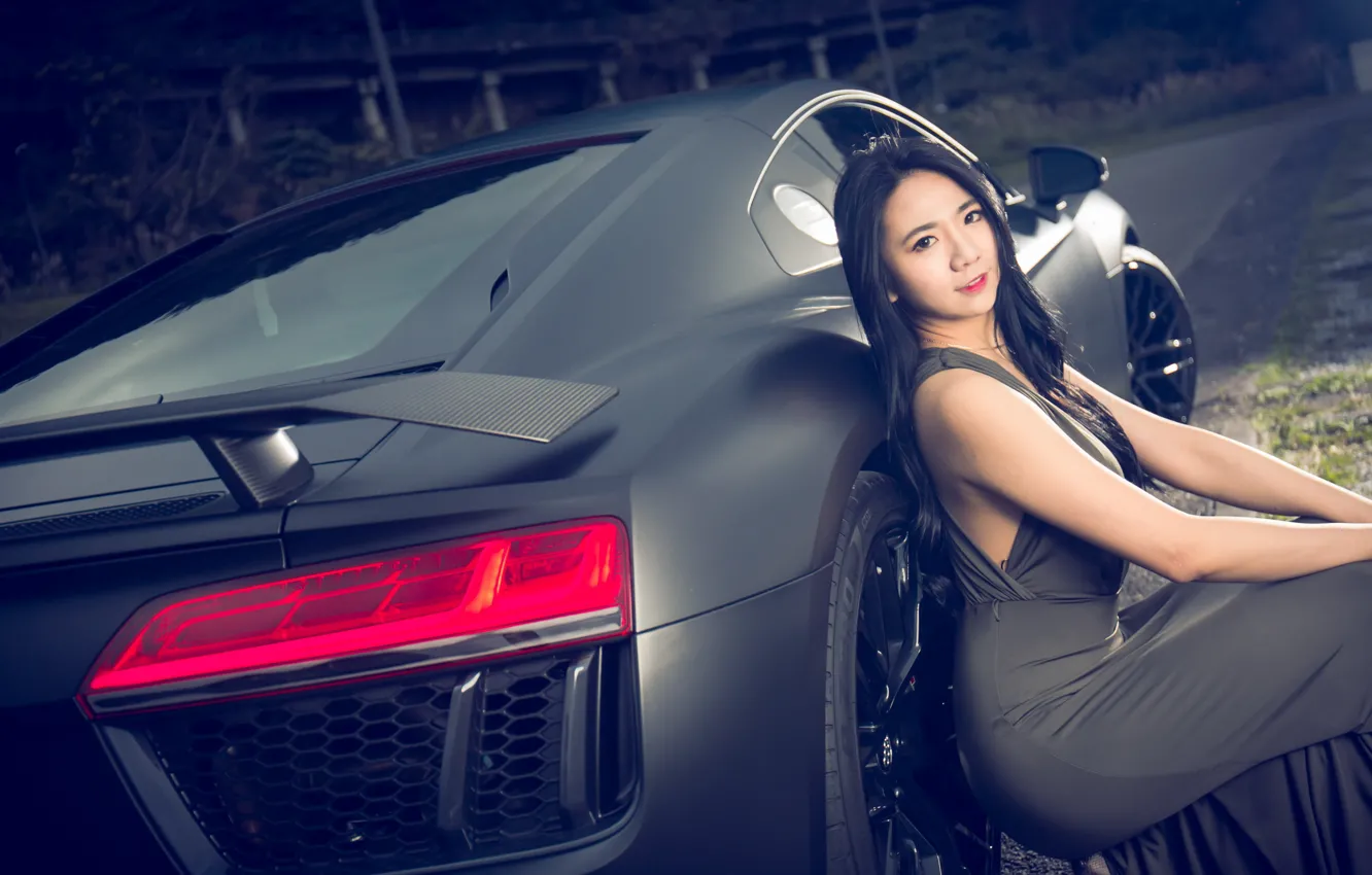 Фото обои авто, взгляд, Девушки, азиатка, Audi R8, красивая девушка, Jasmine, позирует над машиной