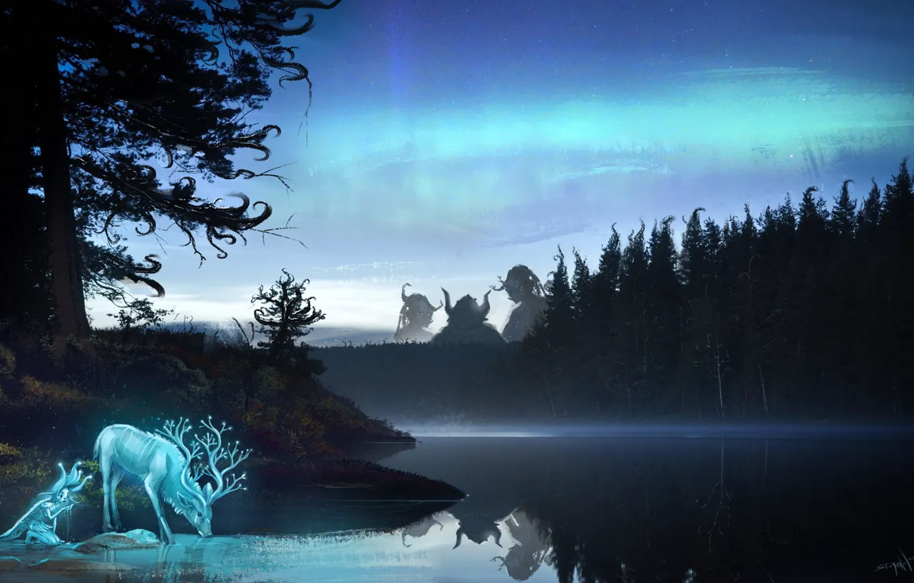 Фото обои лес, вода, деревья, озеро, отражение, фантастика, животное, олень