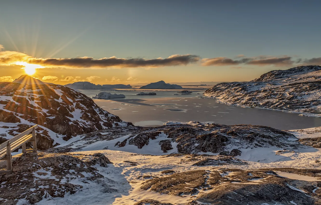 Фото обои рассвет, утро, Гренландия