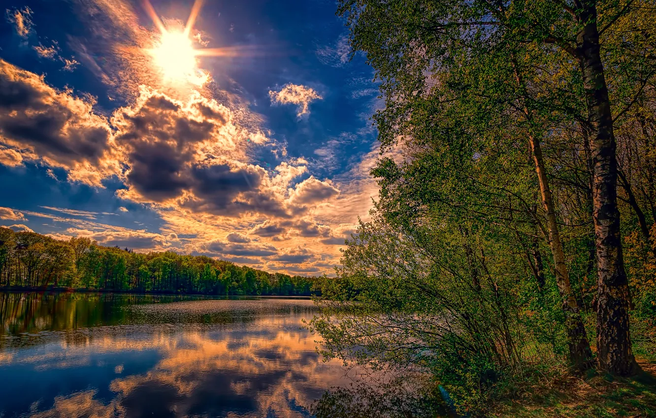 Фото обои небо, солнце, облака, лучи, деревья, отражение, река